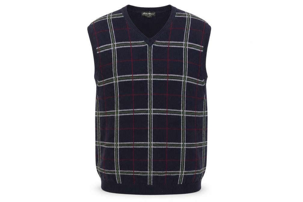Eddie Bauer Men's Blue Check Cotton V-Neck Sleeveless Vest XL