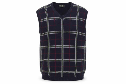 Front view of Eddie Bauer Men's Blue Check Cotton V-Neck Sleeveless Vest XL