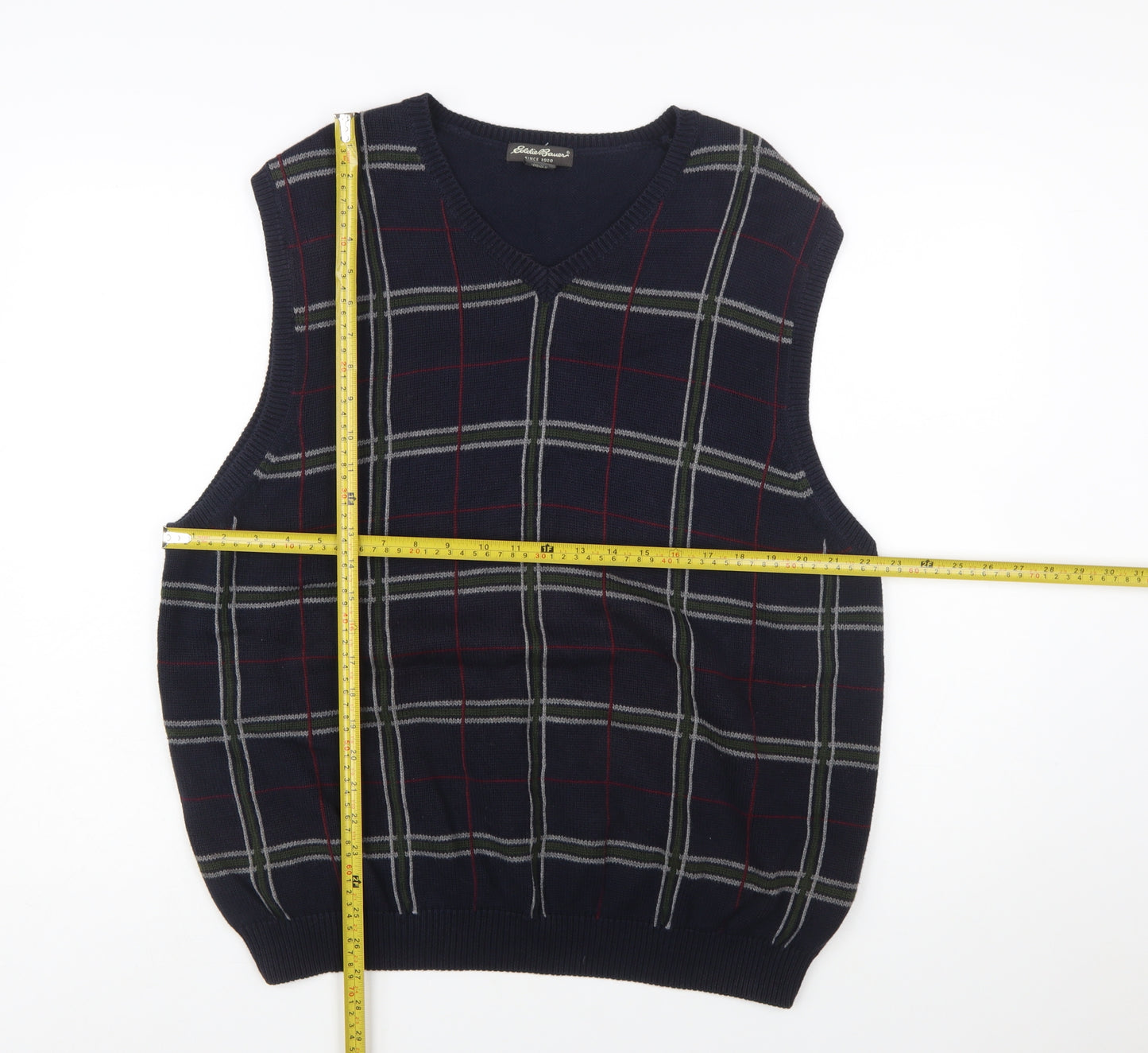Eddie Bauer Men's Blue Check Cotton V-Neck Sleeveless Vest XL