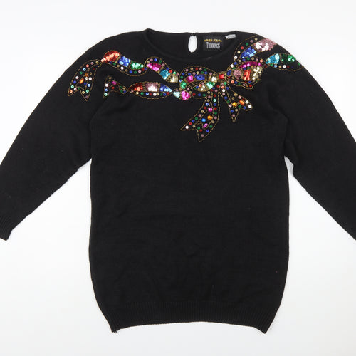 Trimmings Womens Black Sequin Bow Pullover Jumper Size S