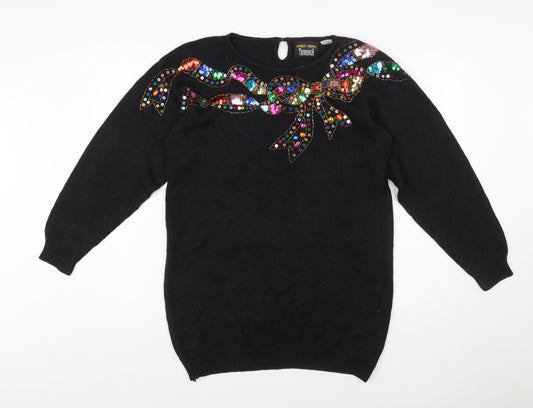 Trimmings Womens Black Sequin Bow Pullover Jumper Size S