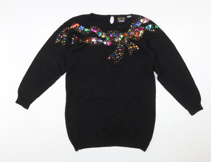 Trimmings Womens Black Sequin Bow Pullover Jumper Size S