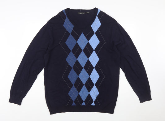 Claiborne Men's Blue Argyle V-Neck Cotton Jumper Size L