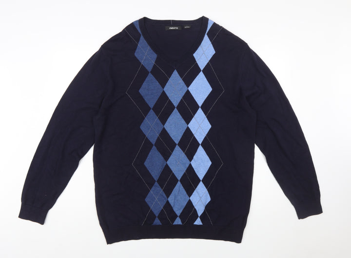 Claiborne Men's Blue Argyle V-Neck Cotton Jumper Size L