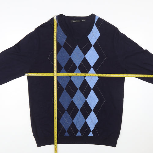 Claiborne Men's Blue Argyle V-Neck Cotton Jumper Size L