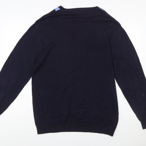Claiborne Men's Blue Argyle V-Neck Cotton Jumper Size L