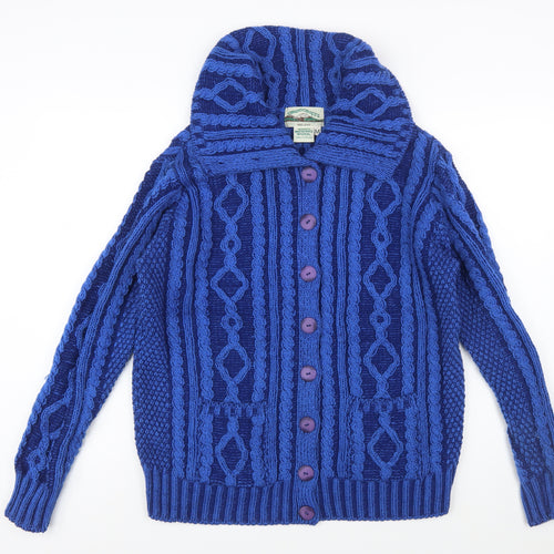 Aran Crafts Women's Blue Merino Wool Cable Knit Cardigan M