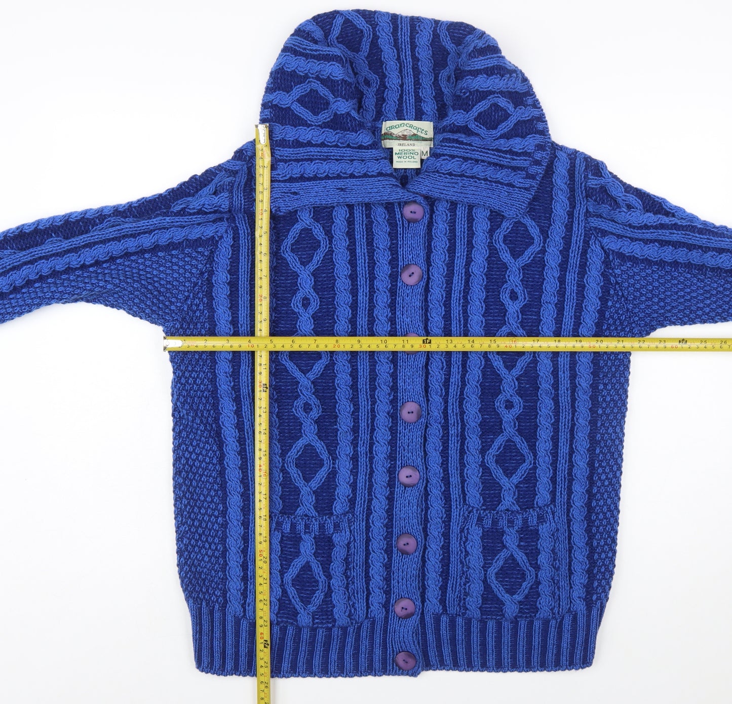 Aran Crafts Women's Blue Merino Wool Cable Knit Cardigan M