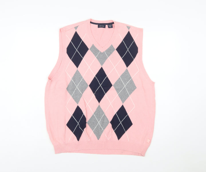 IZOD Men's Pink Argyle V-Neck Cotton Golf Vest Size L