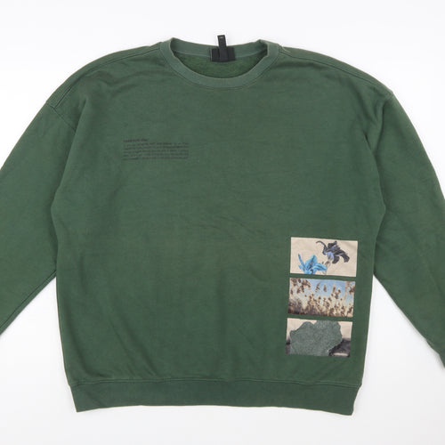 H&M Women Green Oversized Sweatshirt L Cotton Blend Crew Neck