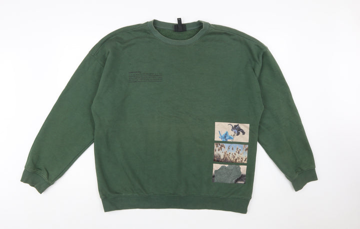 H&M Women Green Oversized Sweatshirt L Cotton Blend Crew Neck