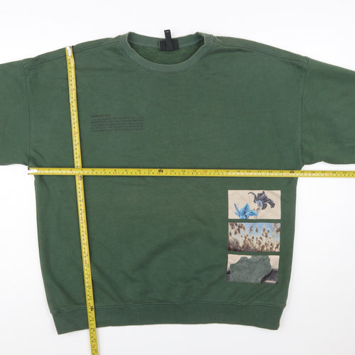H&M Women Green Oversized Sweatshirt L Cotton Blend Crew Neck