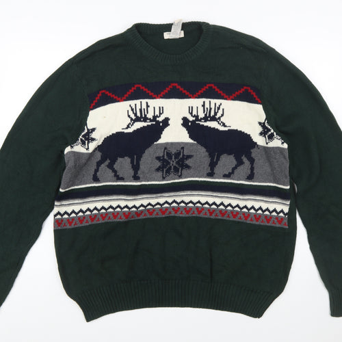 Dockers Men's Green Reindeer Cotton Fair Isle Jumper Size L