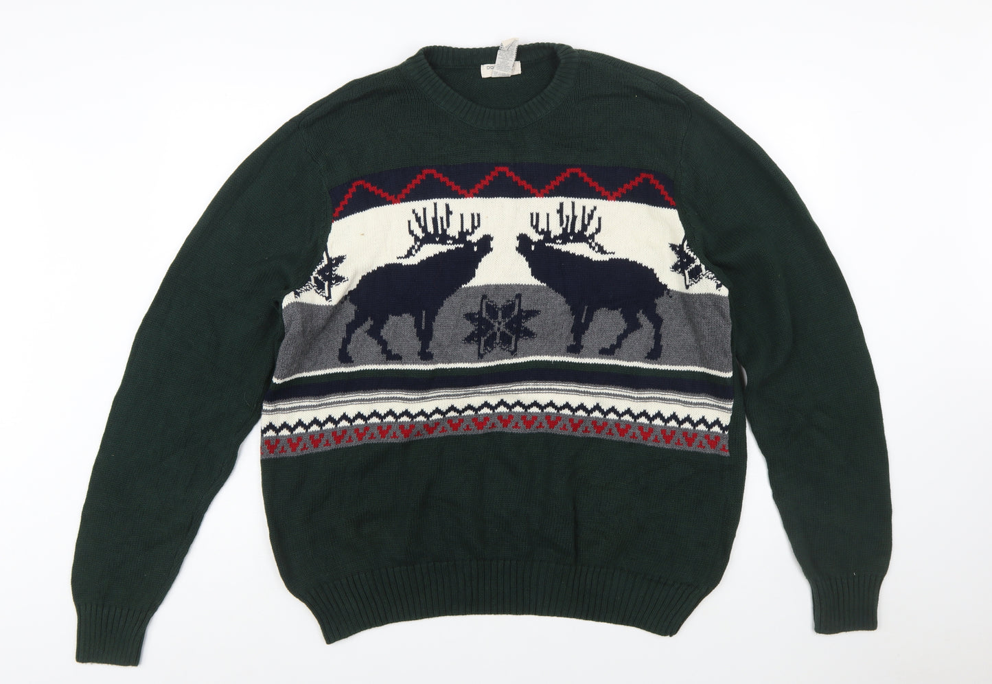 Dockers Men's Green Reindeer Cotton Fair Isle Jumper Size L
