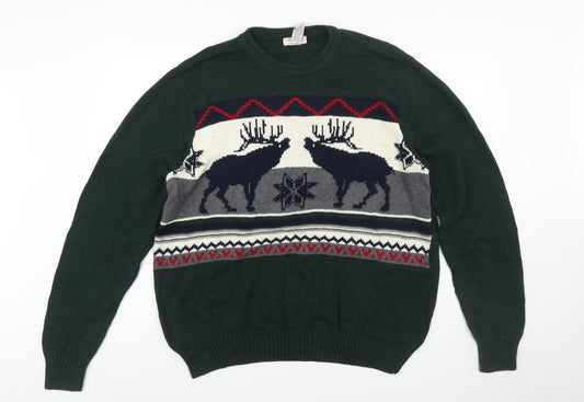 Dockers Men's Green Reindeer Cotton Fair Isle Jumper Size L