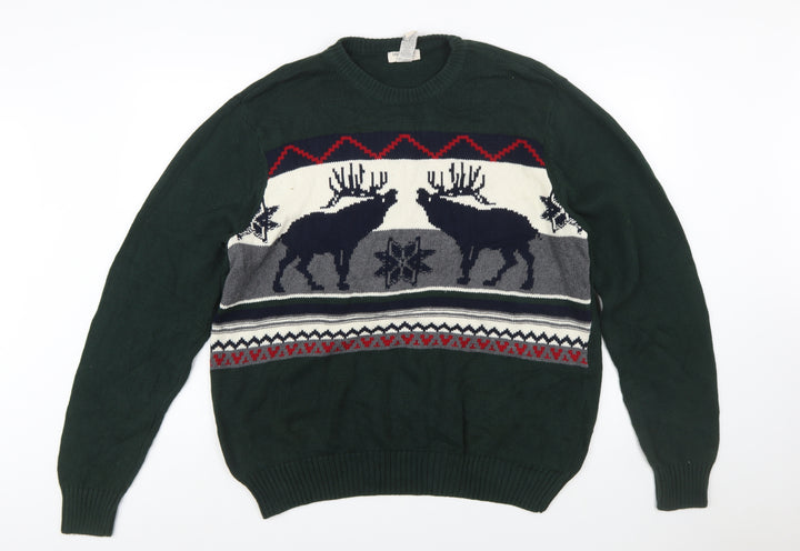 Dockers Men's Green Reindeer Cotton Fair Isle Jumper Size L