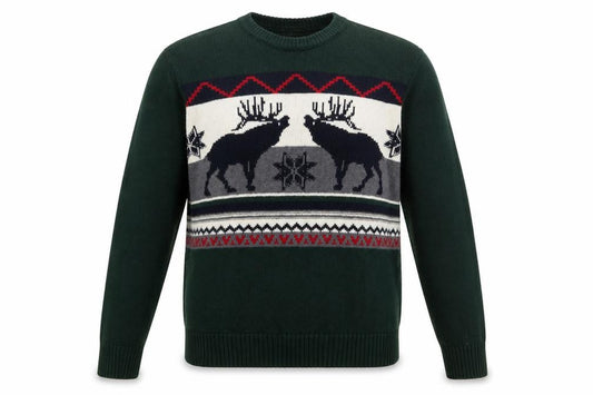 Front view of Dockers Men's Green Reindeer Cotton Fair Isle Jumper, size L