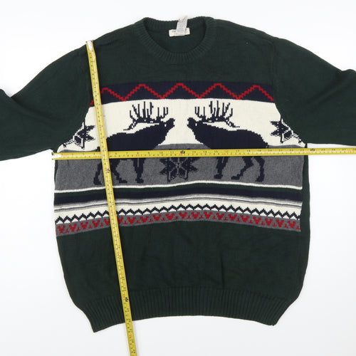 Dockers Men's Green Reindeer Cotton Fair Isle Jumper Size L