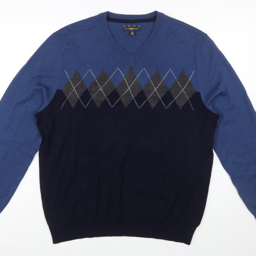Club Room Men's Blue Argyle V-Neck Wool Blend Jumper Size M