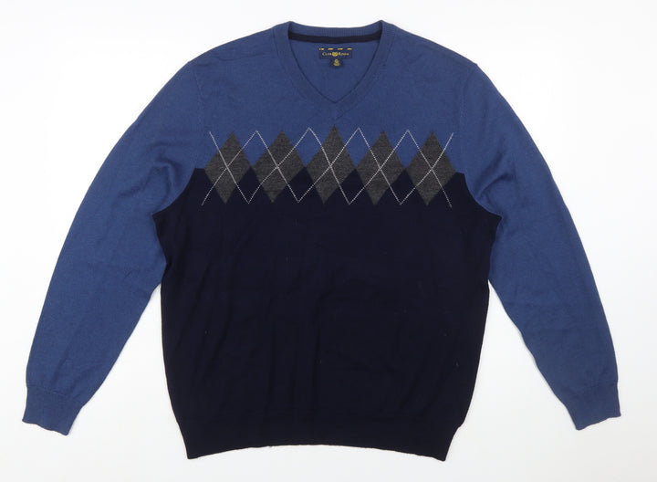 Club Room Men's Blue Argyle V-Neck Wool Blend Jumper Size M