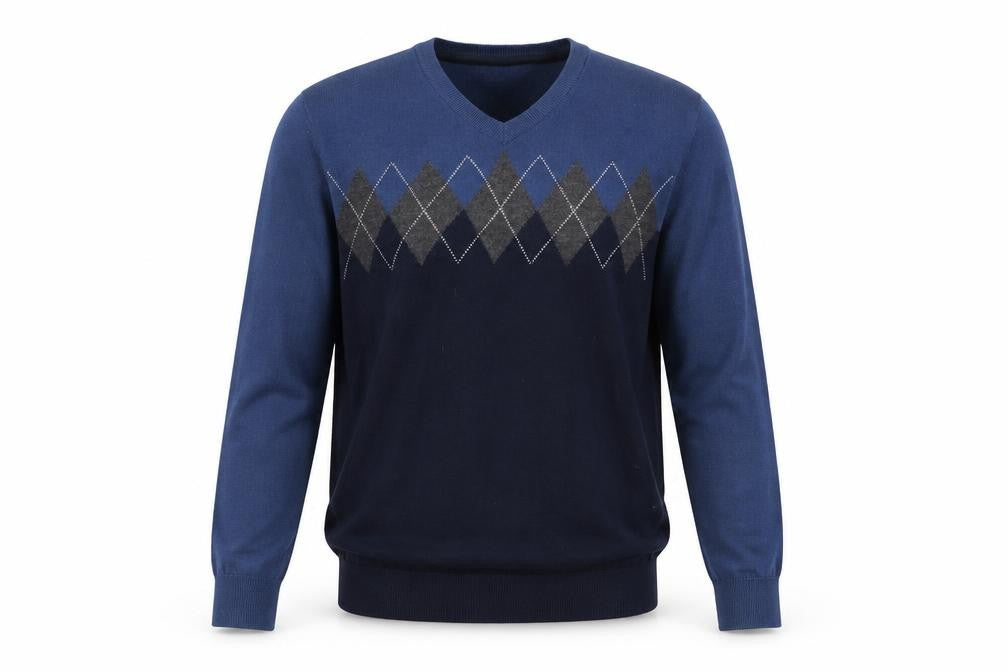 Club Room Men's Blue Argyle V-Neck Wool Blend Jumper Size M