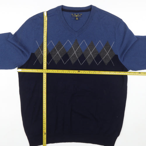 Club Room Men's Blue Argyle V-Neck Wool Blend Jumper Size M