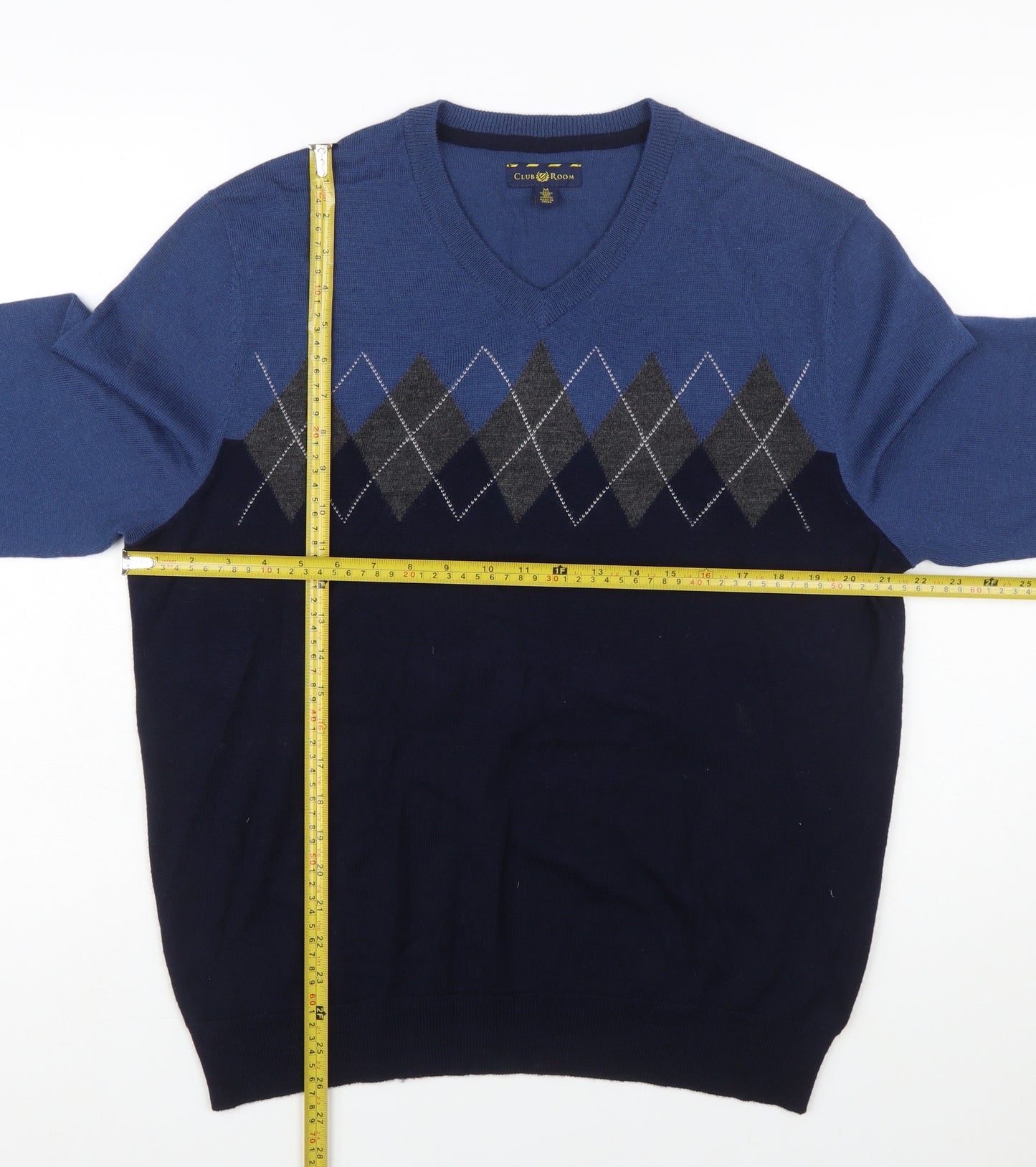 Club Room Men's Blue Argyle V-Neck Wool Blend Jumper Size M