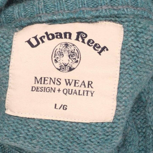 Urban Reef Mens Green Cable-Knit Henley Jumper Size L