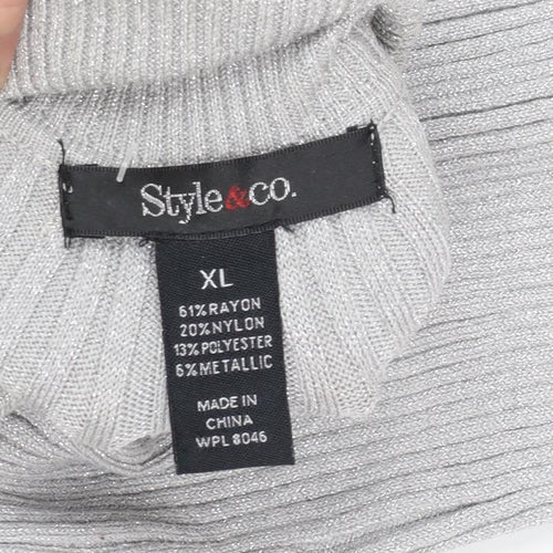 Style & Co Women Silver Roll Neck Ribbed Knit Jumper XL