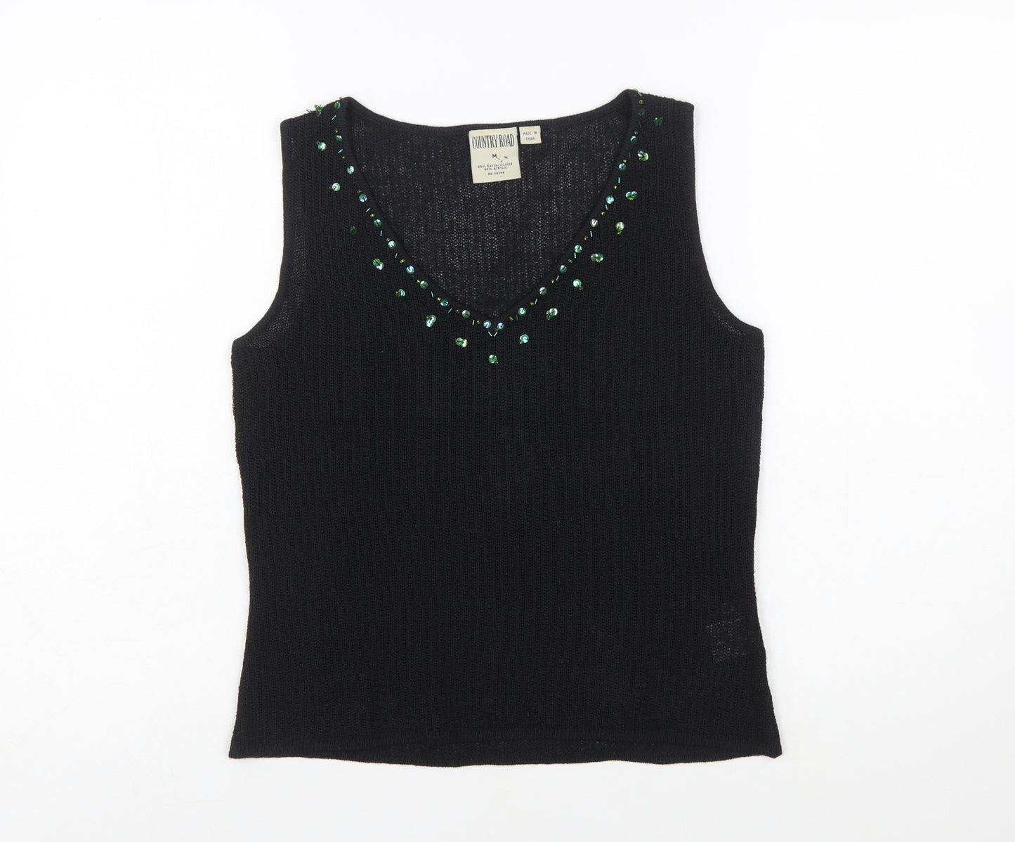 Country Road Women's Black Sequin Knit Sleeveless V-Neck Vest M