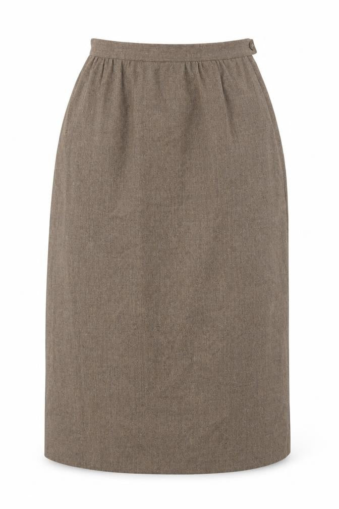 Front view of Post Horn Women's Brown Wool Midi Pencil Skirt, size 10