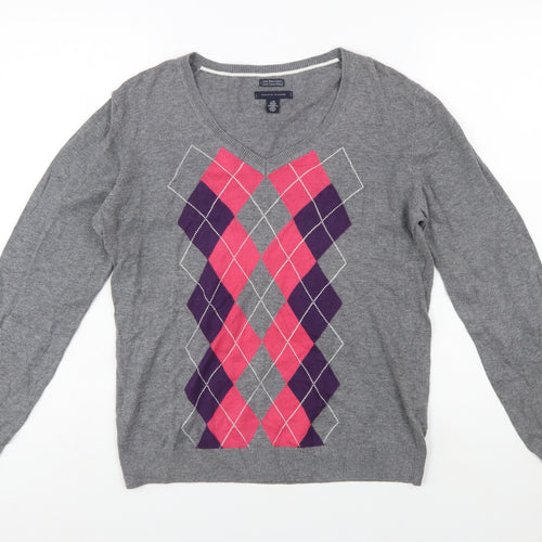 Tommy Hilfiger Men's Grey Argyle V-Neck Cotton Jumper L