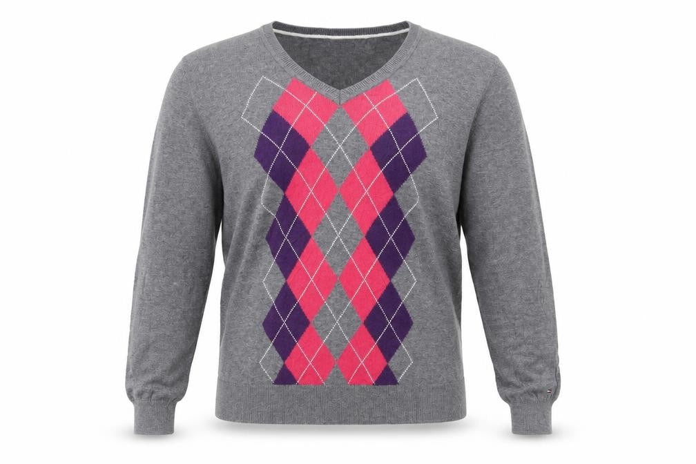 Front view of Tommy Hilfiger Men's Grey Argyle V-Neck Cotton Jumper L