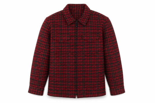 Front view of Woolrich Men Red Check Wool Blend Zip Flannel Jacket L