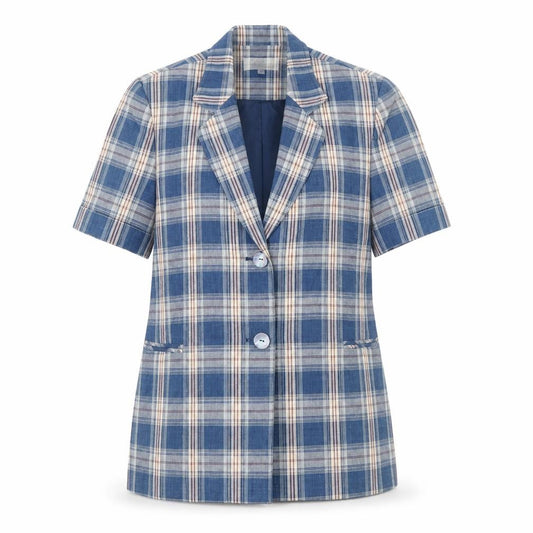 Front view of Vogue Camicia Women's Blue Check Short Sleeve Blazer, size 12