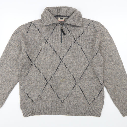 Rodes Sportswear Men's Grey Argyle Wool Blend 1/4 Zip Jumper M
