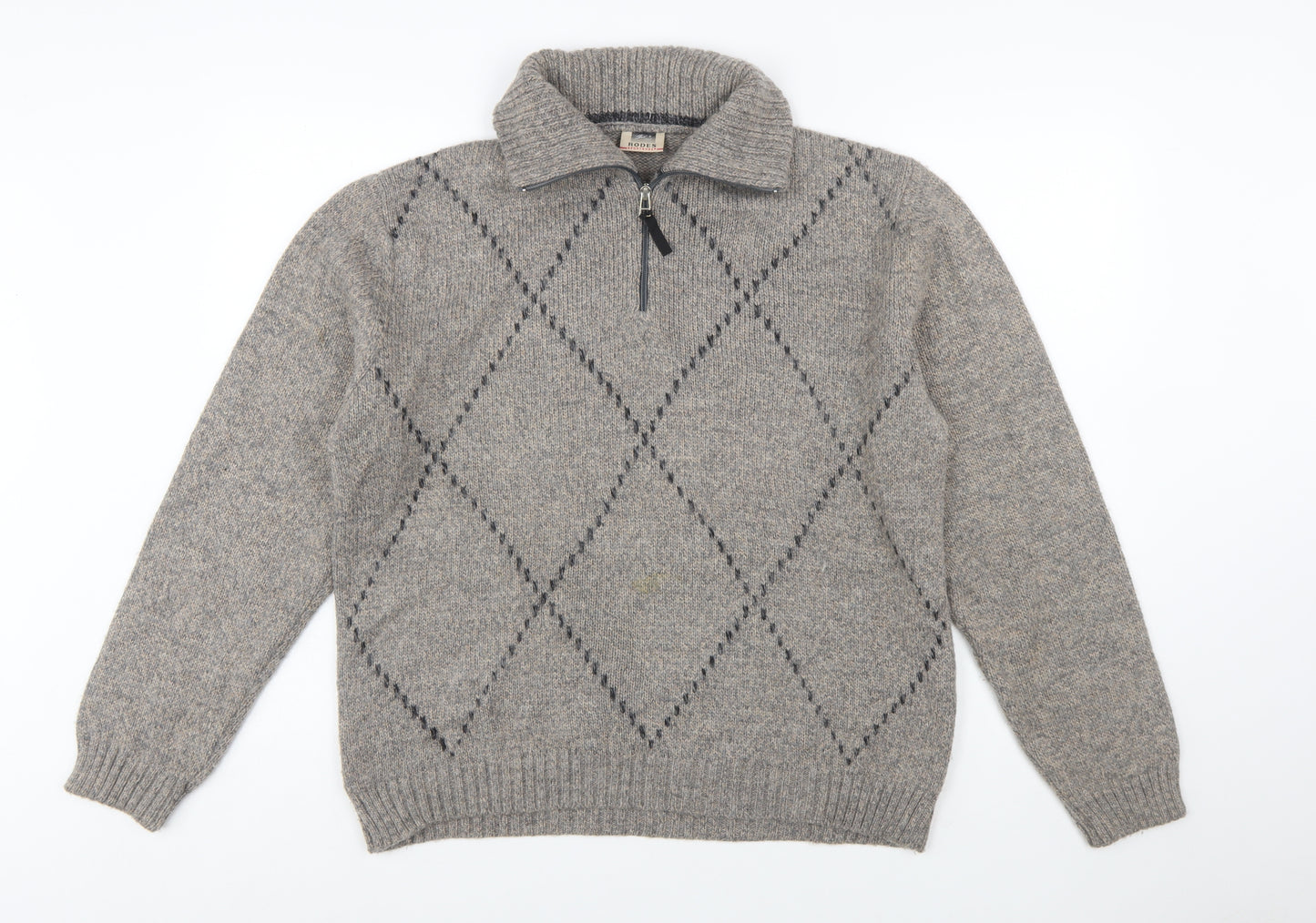 Rodes Sportswear Men's Grey Argyle Wool Blend 1/4 Zip Jumper M