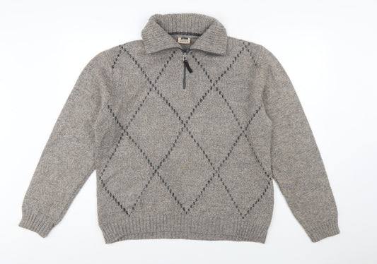 Rodes Sportswear Men's Grey Argyle Wool Blend 1/4 Zip Jumper M