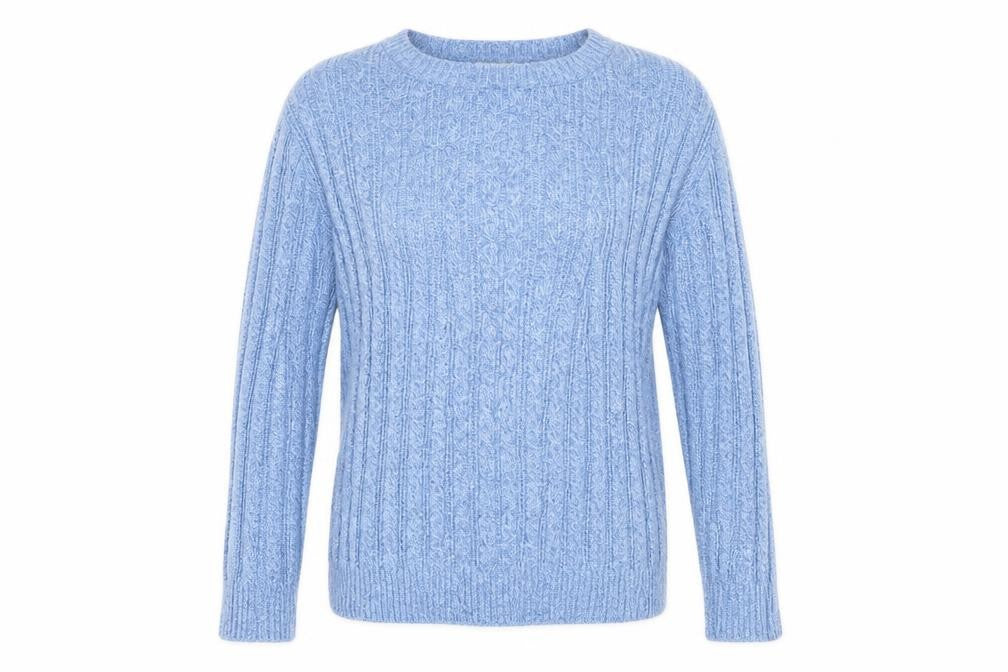 Front view of St John's Bay Women's Blue Cable-Knit Cotton Jumper, size L
