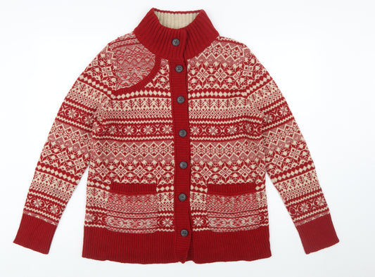 Eddie Bauer Women's Red Fair Isle Wool Blend Button Cardigan L