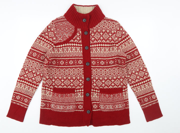 Eddie Bauer Women's Red Fair Isle Wool Blend Button Cardigan L