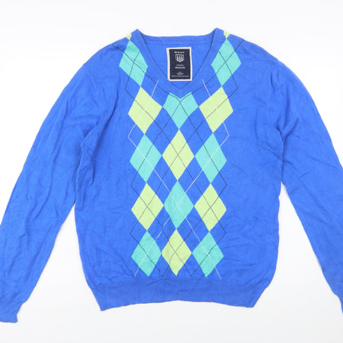 GANT Men's Blue Argyle V-Neck Cotton Pullover Jumper Size M