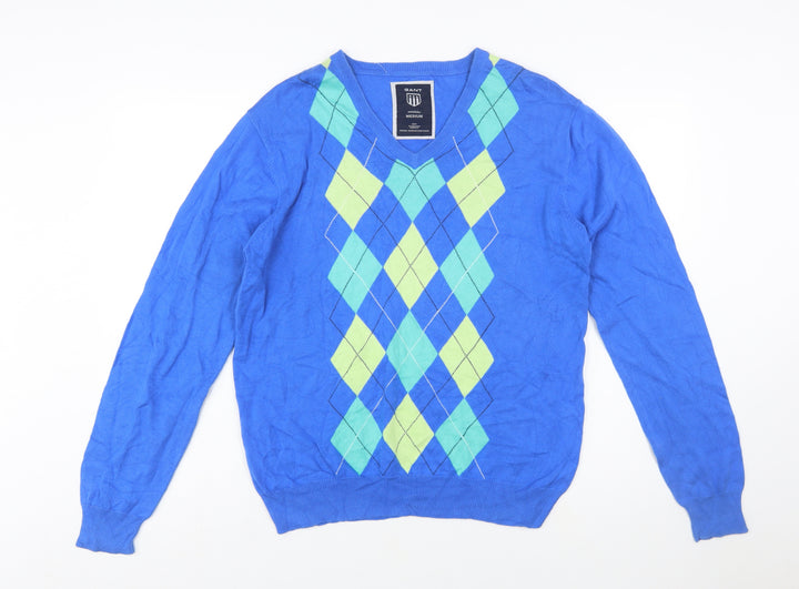GANT Men's Blue Argyle V-Neck Cotton Pullover Jumper Size M