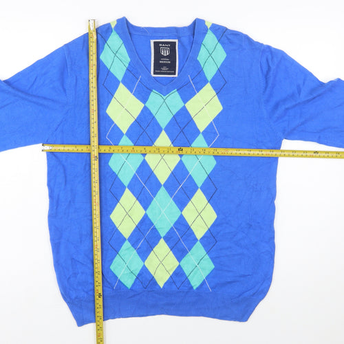 GANT Men's Blue Argyle V-Neck Cotton Pullover Jumper Size M