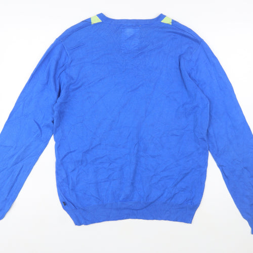 GANT Men's Blue Argyle V-Neck Cotton Pullover Jumper Size M
