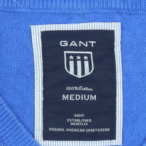 GANT Men's Blue Argyle V-Neck Cotton Pullover Jumper Size M