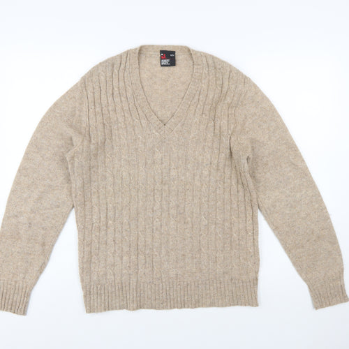 Robert Bruce Men's Beige Wool V-Neck Cable Knit Jumper M
