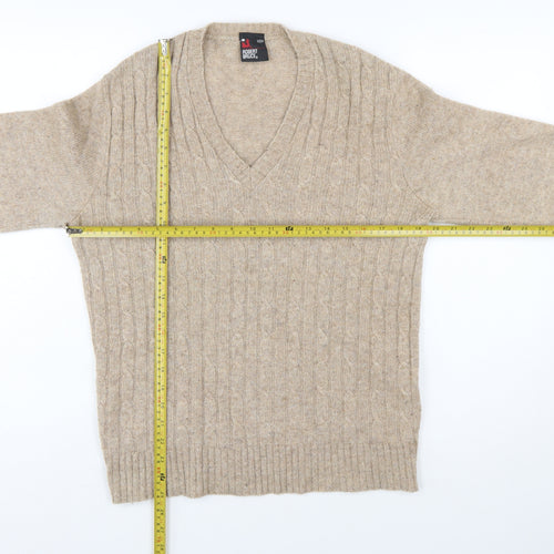 Robert Bruce Men's Beige Wool V-Neck Cable Knit Jumper M