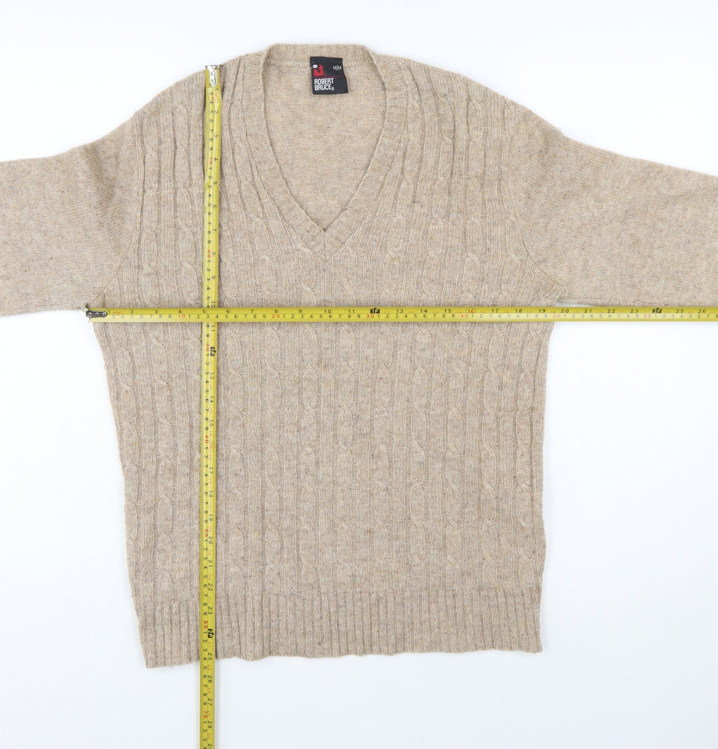 Robert Bruce Men's Beige Wool V-Neck Cable Knit Jumper M