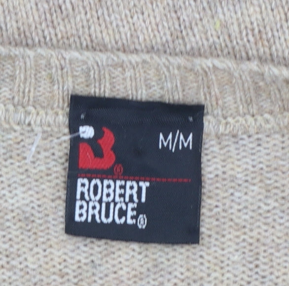 Robert Bruce Men's Beige Wool V-Neck Cable Knit Jumper M